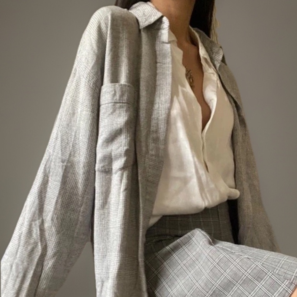 Vintage Blueprint Cotton Rayon Gray Plaid Oversized Button Up Shirt XL Unisex